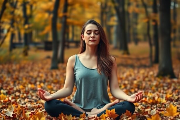 Nő meditál őszi falevelek között, a női intuíció erősítése érdekében.