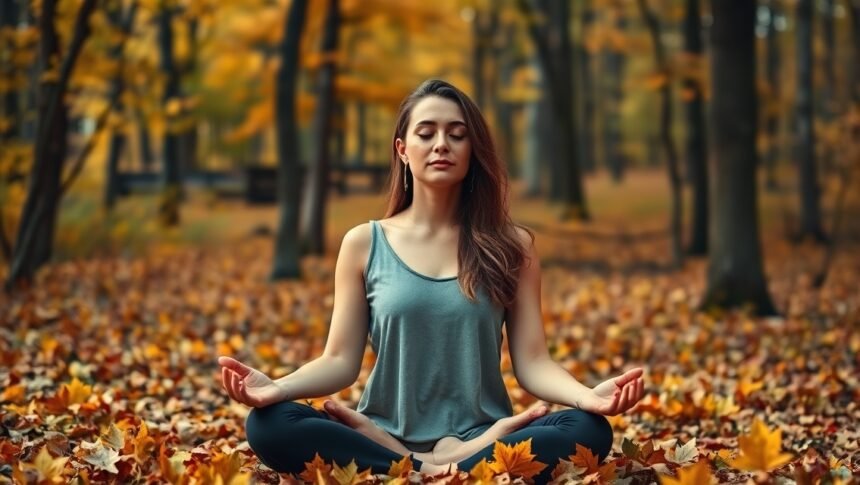 Nő meditál őszi falevelek között, a női intuíció erősítése érdekében.