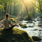 Meditáló személy a természetben, belső béke keresésében.