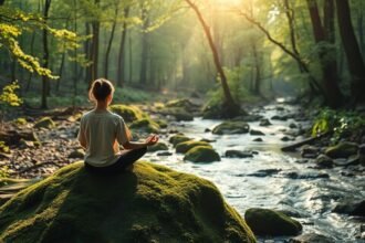 Meditáló személy a természetben, belső béke keresésében.