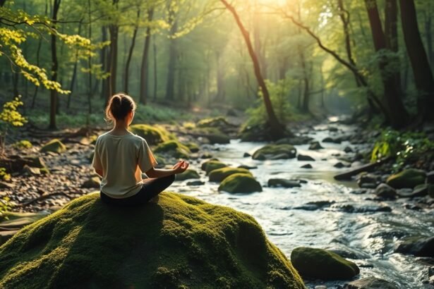 Meditáló személy a természetben, belső béke keresésében.