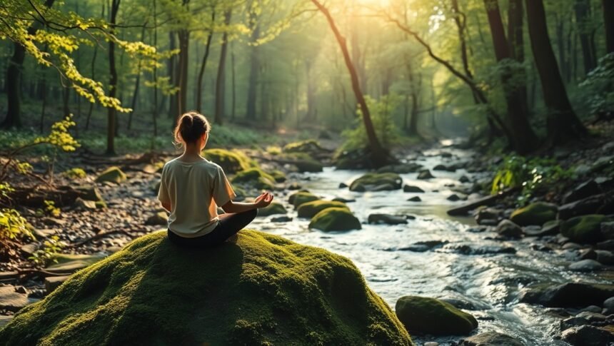 Ezoterikus útmutató a belső békéhez 1 Meditáló személy a természetben, belső béke keresésében.