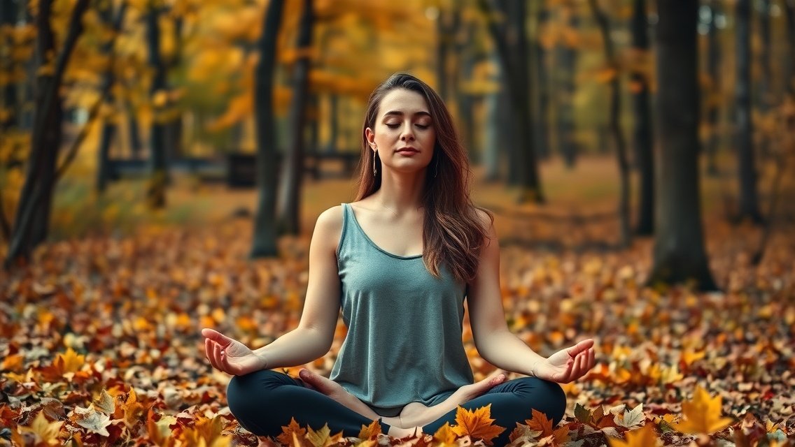 Nő meditál őszi falevelek között, a női intuíció erősítése érdekében.