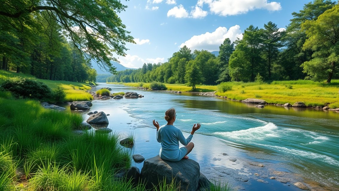 Nő meditál a természetben, stresszcsökkentés és relaxáció