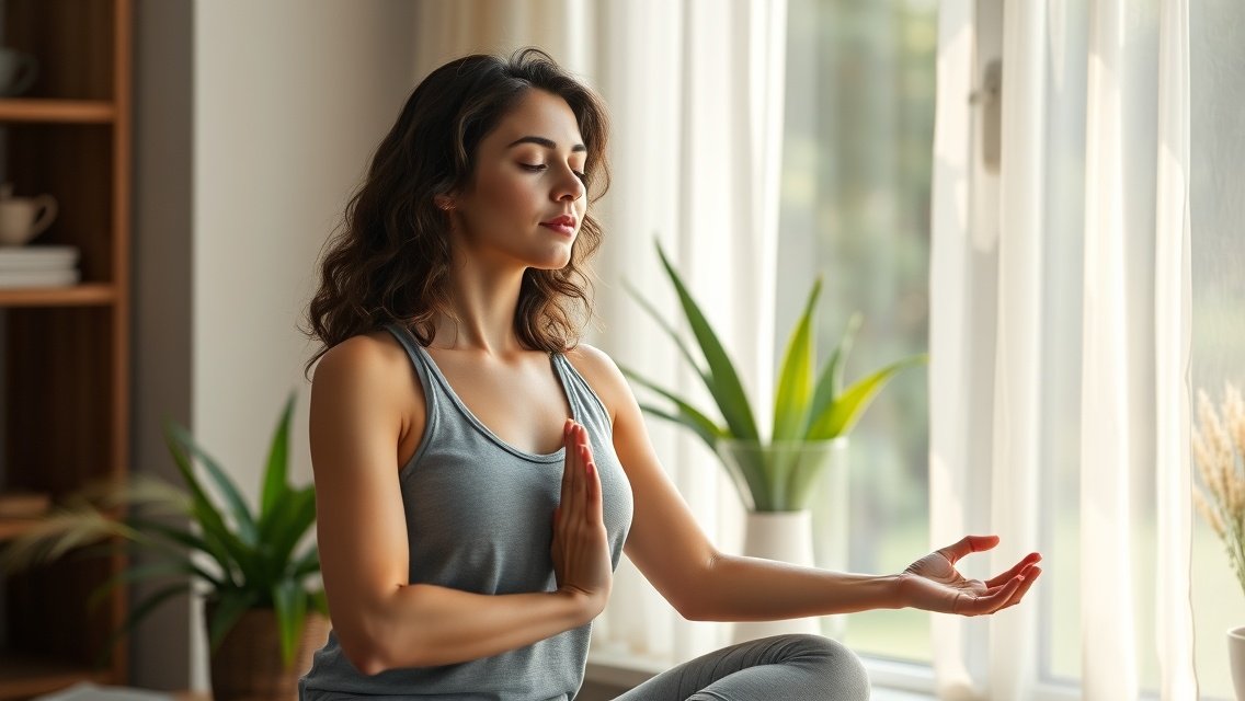 Nő meditál a szobában, amely a tudatos életmódot szimbolizálja.