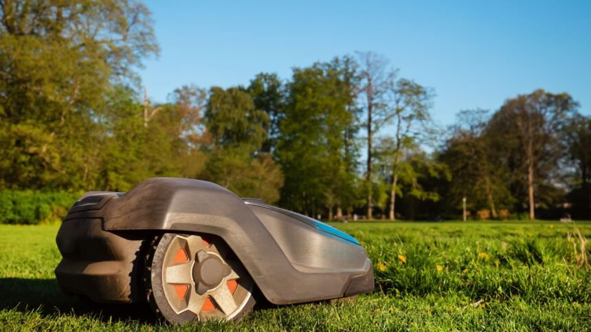 Robotfűnyíró a zöld gyepen, modern kertápolási megoldás