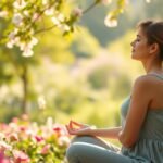 Meditáló nő virágok között, a feltöltődés és önfejlesztés jegyében.