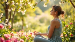 womensway 147 Meditáló nő virágok között, a feltöltődés és önfejlesztés jegyében.