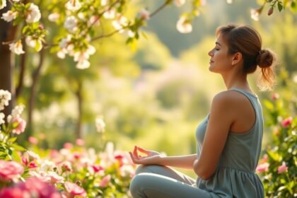 Meditáló nő virágok között, a feltöltődés és önfejlesztés jegyében.