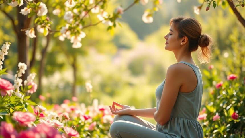 Női feltöltődés apró lépésekben 1 Meditáló nő virágok között, a feltöltődés és önfejlesztés jegyében.