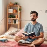 Férfi meditál, könyvet olvasva, tudatos életre összpontosítva