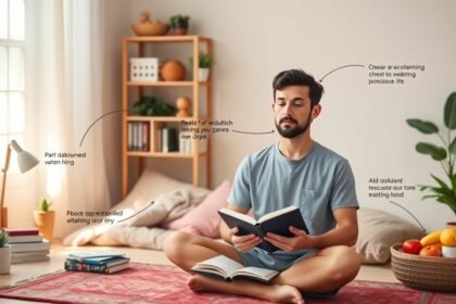 Férfi meditál, könyvet olvasva, tudatos életre összpontosítva