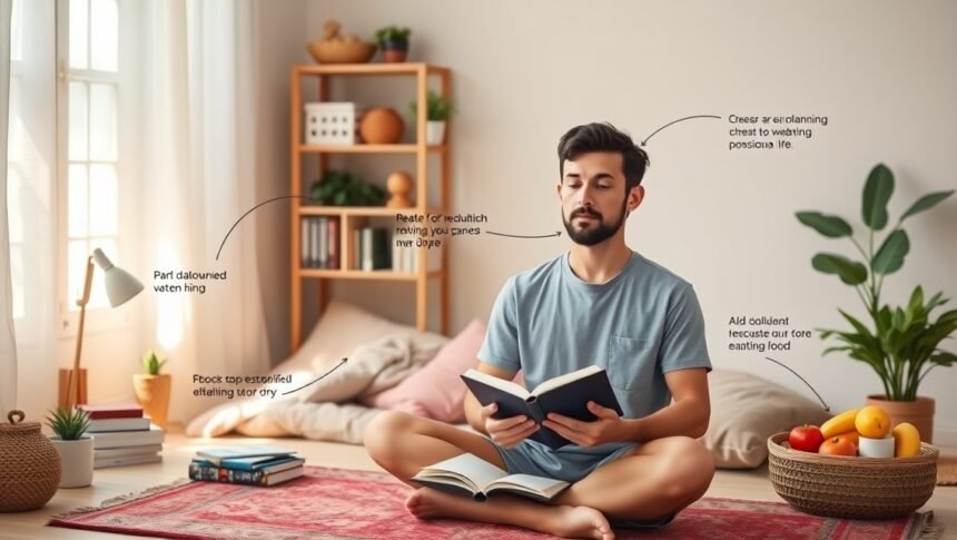 Hogyan építs tudatosabb életet lépésről lépésre 1 Férfi meditál, könyvet olvasva, tudatos életre összpontosítva