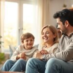 Családi harmónia megteremtése közben a szülők és gyermekük mosolyognak egy kanapén.