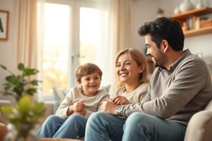 Családi harmónia megteremtése közben a szülők és gyermekük mosolyognak egy kanapén.