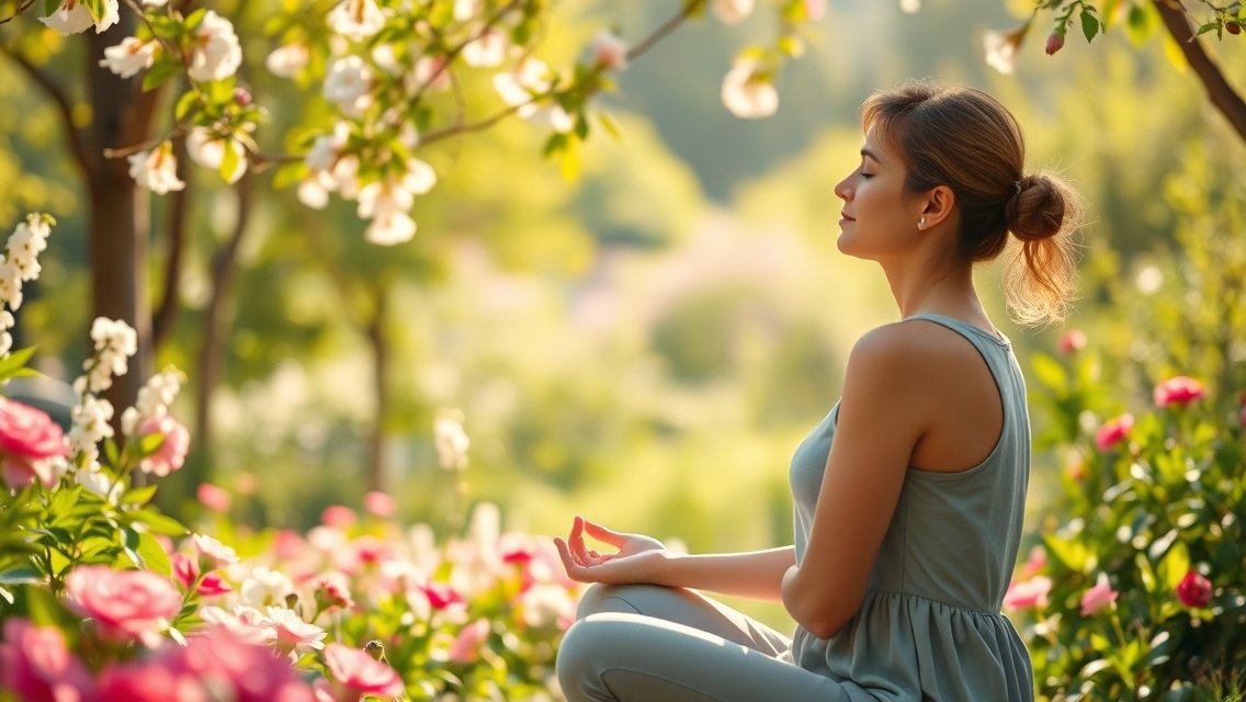 Meditáló nő virágok között, a feltöltődés és önfejlesztés jegyében.
