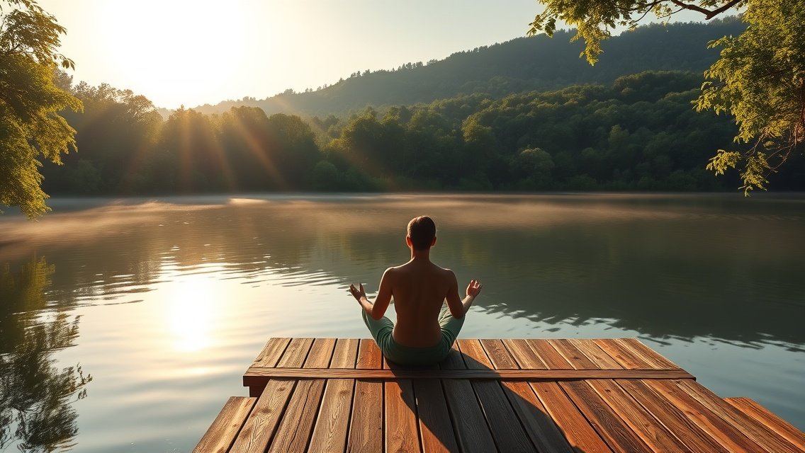 Meditáló személy a természetben, nyári lelki egyensúly technikákhoz.