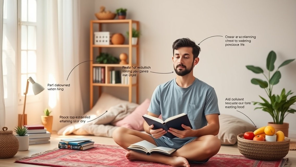 Férfi meditál, könyvet olvasva, tudatos életre összpontosítva