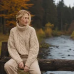 Egy fiatal nő beige oversize pulóverben egy folyóparton ősszel.