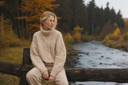 Egy fiatal nő beige oversize pulóverben egy folyóparton ősszel.