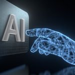 Digitális kéz mutat az AI szóra, műszaki háttérrel.