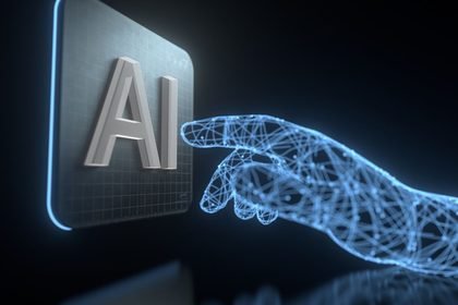 Digitális kéz mutat az AI szóra, műszaki háttérrel.