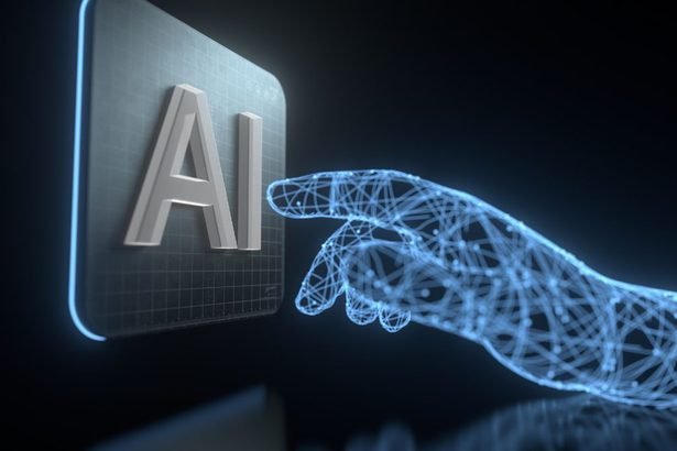 Digitális kéz mutat az AI szóra, műszaki háttérrel.