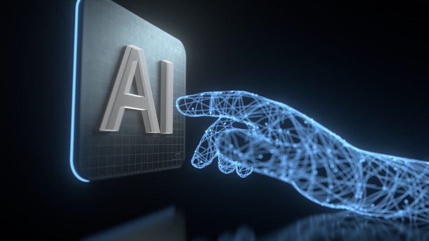 Mit csinál valójában a mesterséges intelligencia, amikor szöveget ír? 1 Digitális kéz mutat az AI szóra, műszaki háttérrel.